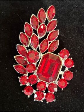 Vintage 1940s 1950s Red Crystal Statement Brooch Cut Glass Stones